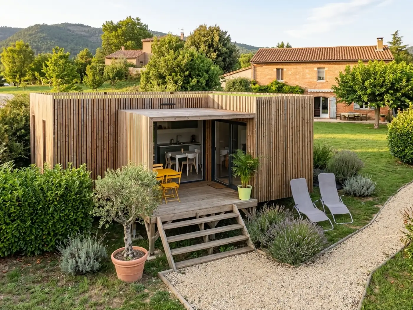 Plan de studio de jardin et formulaire de déclaration de travaux posés sur une table Plan de studio de jardin et formulaire de déclaration de travaux posés sur une table