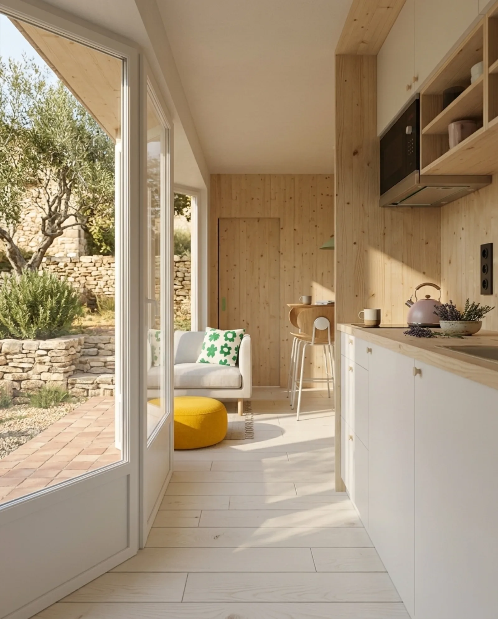 Intérieur chaleureux d'un studio de jardin prêt à accueillir des invites à Toulouse Intérieur chaleureux d'un studio de jardin prêt à accueillir des invites à Toulouse
