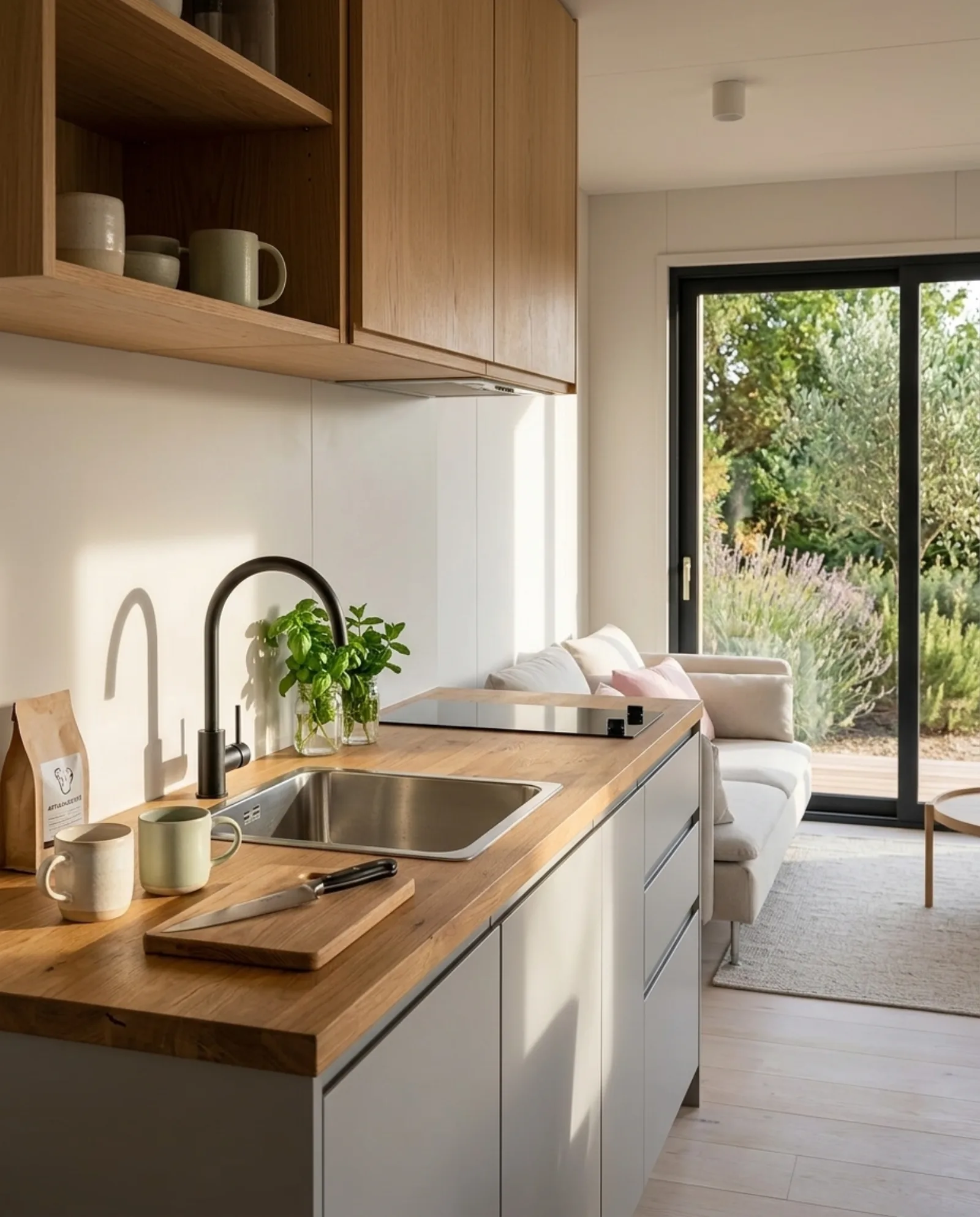 Intérieur d'un micro-bureau de jardin avec bureau, étagères et baie vitrée Intérieur d'un micro-bureau de jardin avec bureau, étagères et baie vitrée