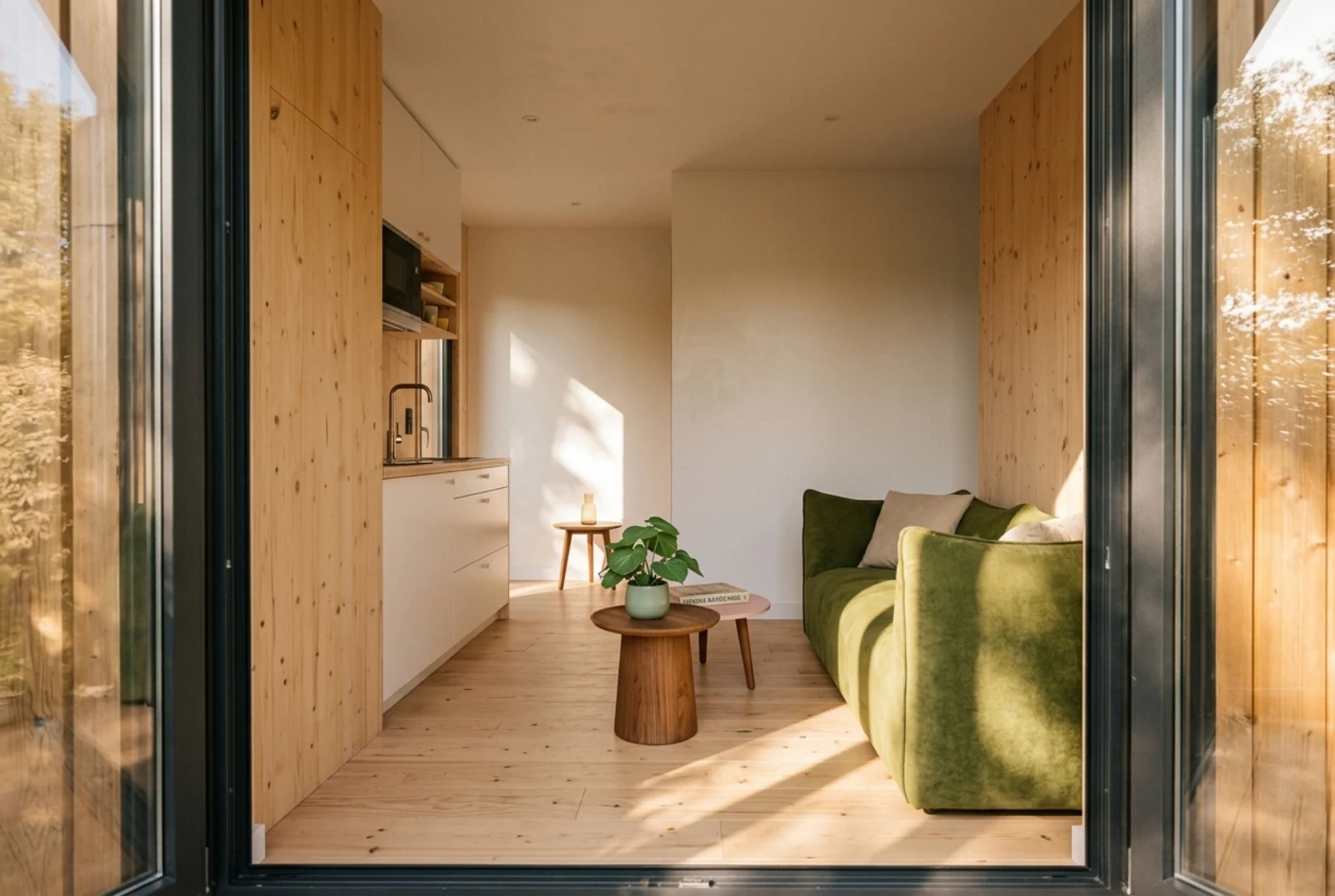 Intérieur d'un studio de jardin polyvalent avec coin bureau et coin repos Intérieur d'un studio de jardin polyvalent avec coin bureau et coin repos
