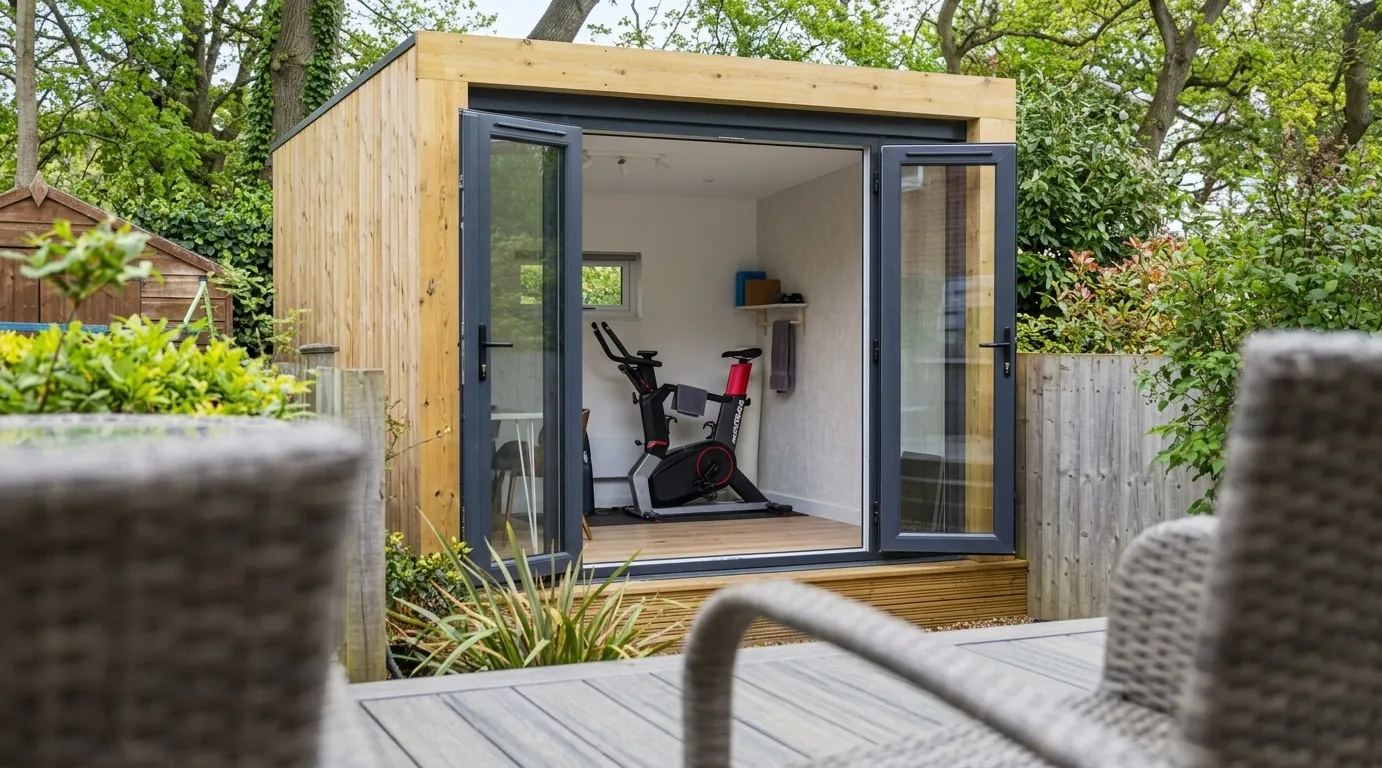 Studio de jardin en bois installe dans un jardin à Toulouse, sans permis de construire